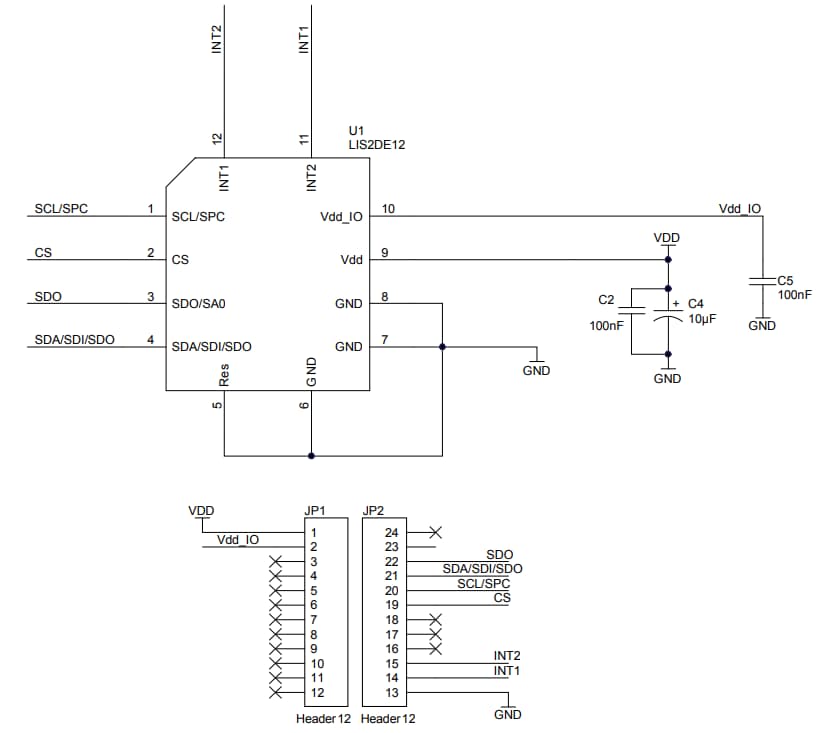 Schematic - STMicroelectronics STEVAL-MKI175V1 LIS2DE12 Adapter Board